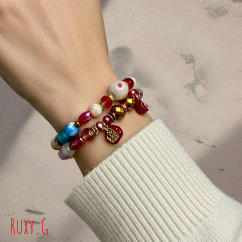 Red and Gold Beaded Bracelet Set